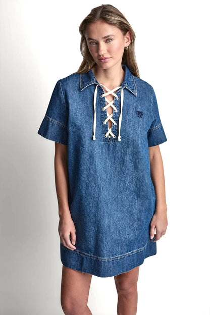 LACE UP DENIM SHIFT DRESS Rustic Indigo | DKNY