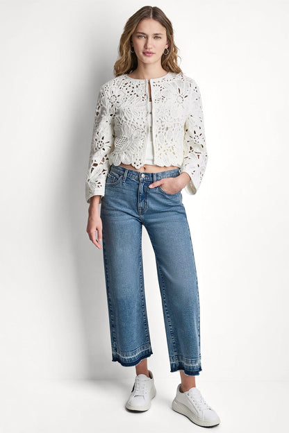 FLORAL CROCHET CARDIGAN WITH SCALLOP HEM Eggnog | DKNY