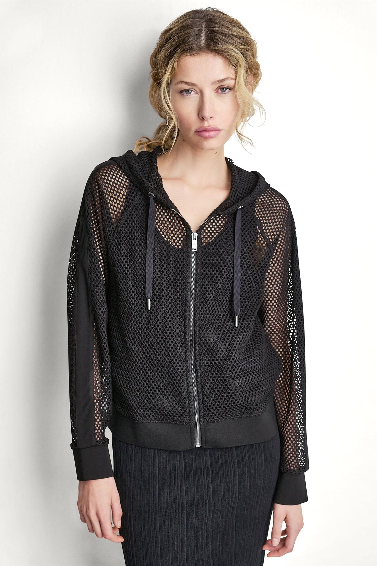 MESH LOGO ZIP-UP HOODIE Black | DKNY