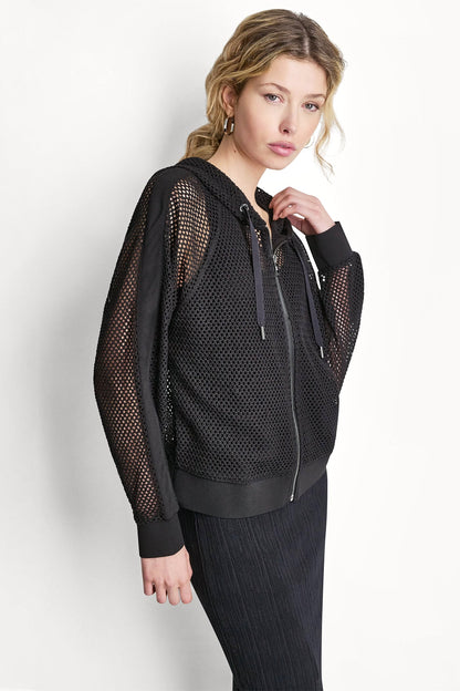 MESH LOGO ZIP-UP HOODIE Black | DKNY