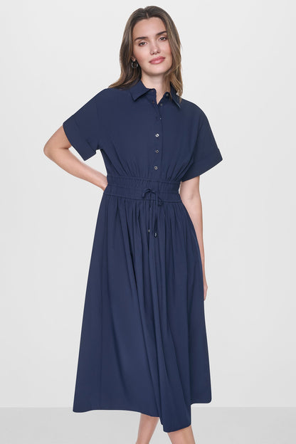 CAP SLEEVE MIDI COMMUTER SHIRT DRESS Spring Navy | DKNY