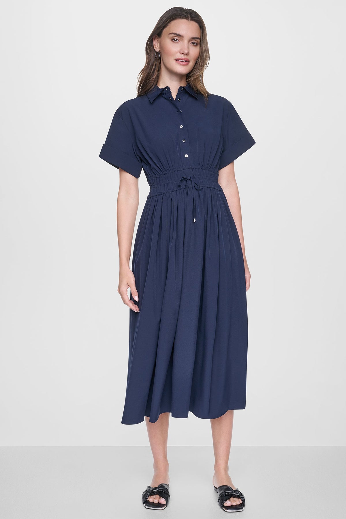CAP SLEEVE MIDI COMMUTER SHIRT DRESS Spring Navy | DKNY