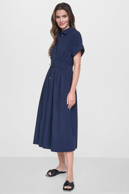 CAP SLEEVE MIDI COMMUTER SHIRT DRESS Spring Navy | DKNY