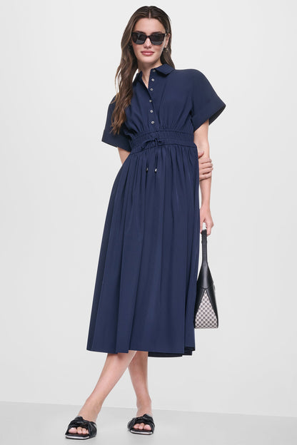 CAP SLEEVE MIDI COMMUTER SHIRT DRESS Spring Navy | DKNY
