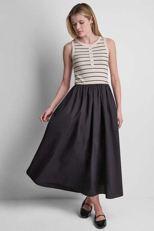 RIB HENLEY TANK MAXI DRESS Hudson Striped Eggnog/Black | DKNY