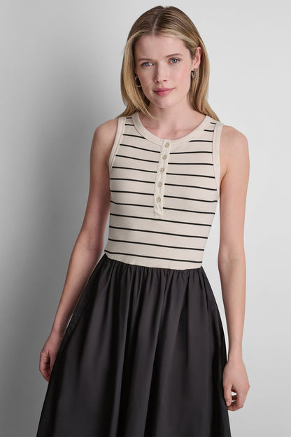 RIB HENLEY TANK MAXI DRESS Hudson Striped Eggnog/Black | DKNY