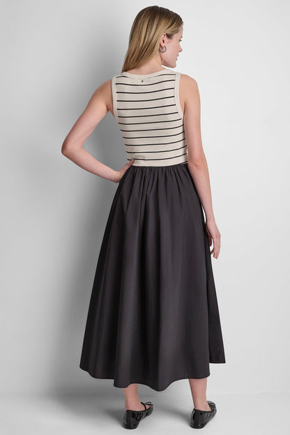 RIB HENLEY TANK MAXI DRESS Hudson Striped Eggnog/Black | DKNY