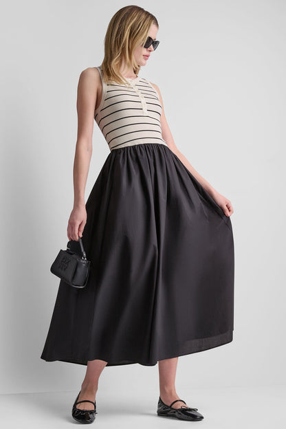 RIB HENLEY TANK MAXI DRESS Hudson Striped Eggnog/Black | DKNY