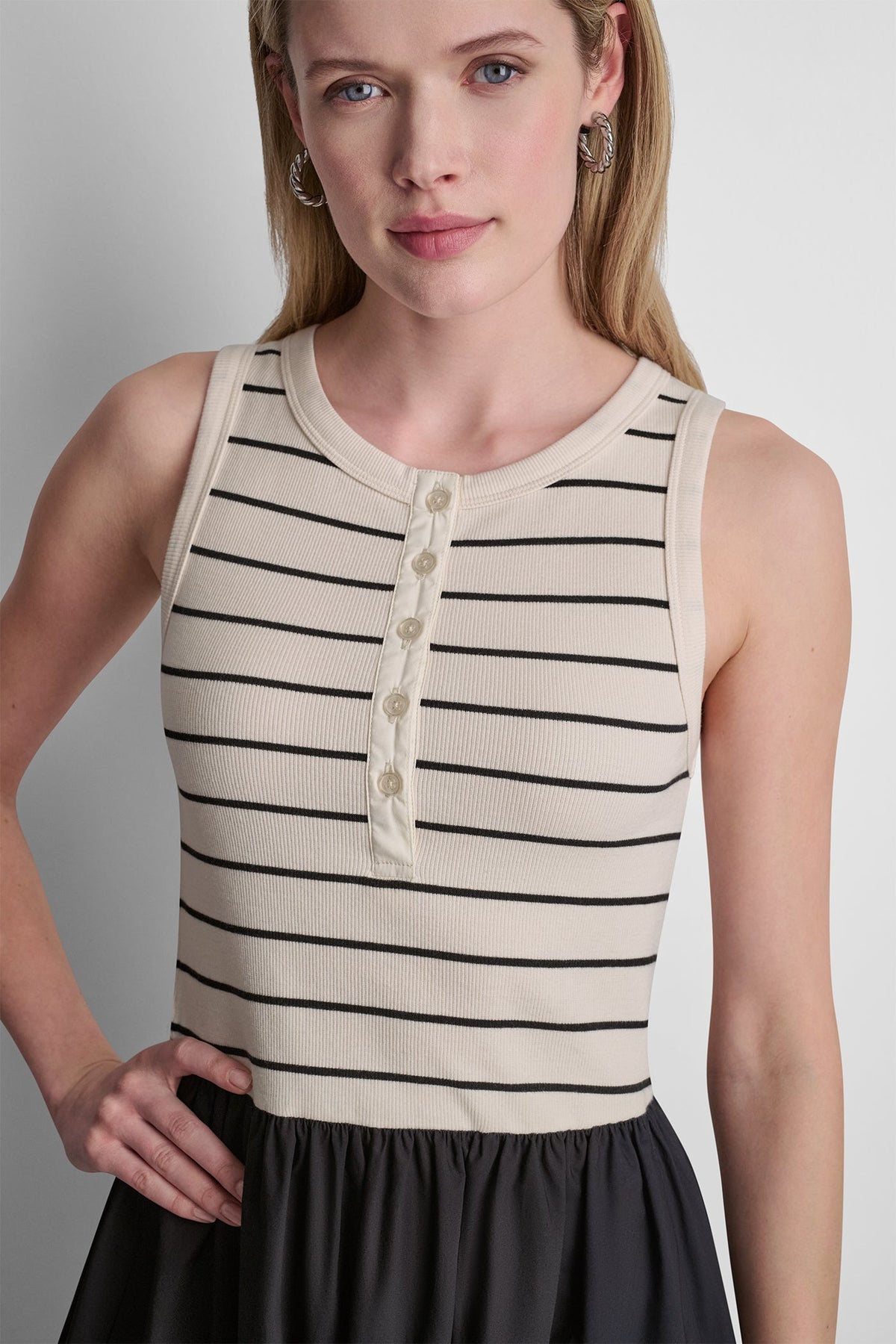 RIB HENLEY TANK MAXI DRESS Hudson Striped Eggnog/Black | DKNY
