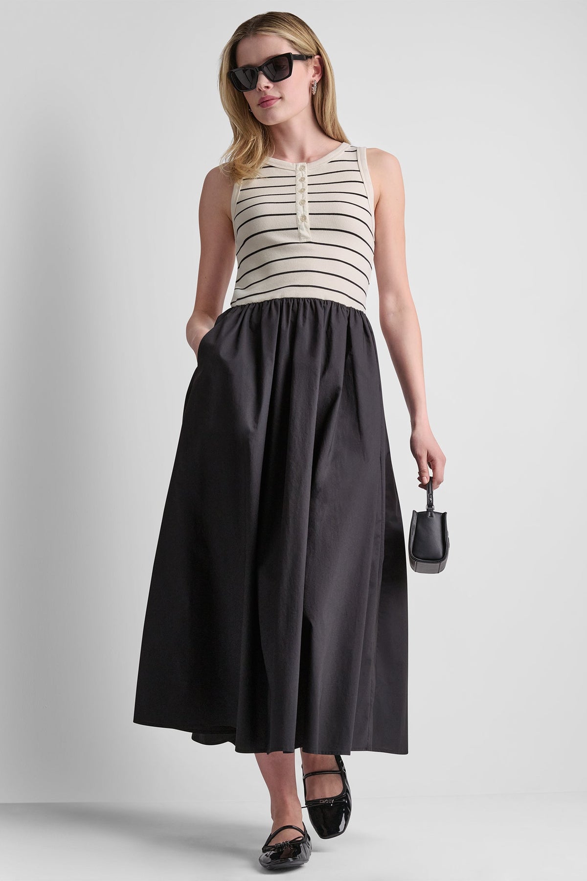 RIB HENLEY TANK MAXI DRESS Hudson Striped Eggnog/Black | DKNY
