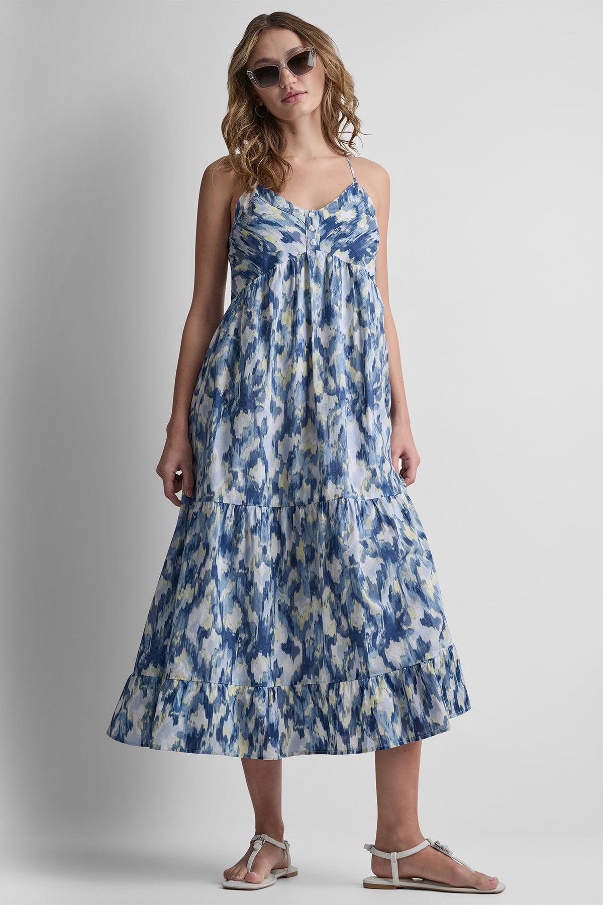 PRINTED TIERED MIDI TANK DRESS Ikat Blur Chambray | DKNY