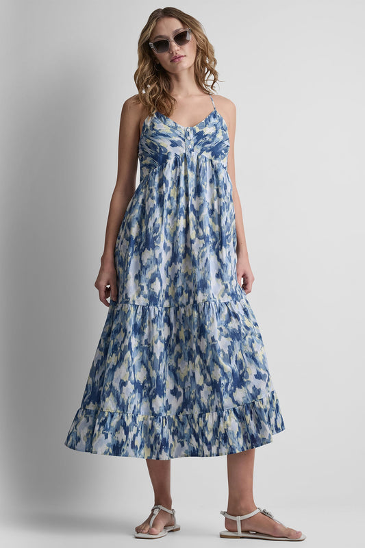 PRINTED TIERED MIDI TANK DRESS Ikat Blur Chambray | DKNY