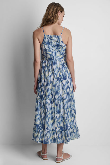 PRINTED TIERED MIDI TANK DRESS Ikat Blur Chambray | DKNY
