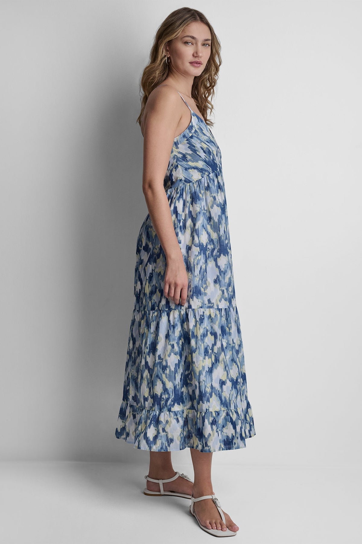 PRINTED TIERED MIDI TANK DRESS Ikat Blur Chambray | DKNY