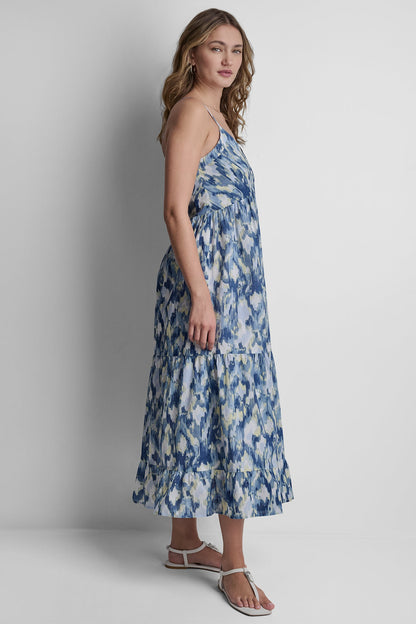 PRINTED TIERED MIDI TANK DRESS Ikat Blur Chambray | DKNY