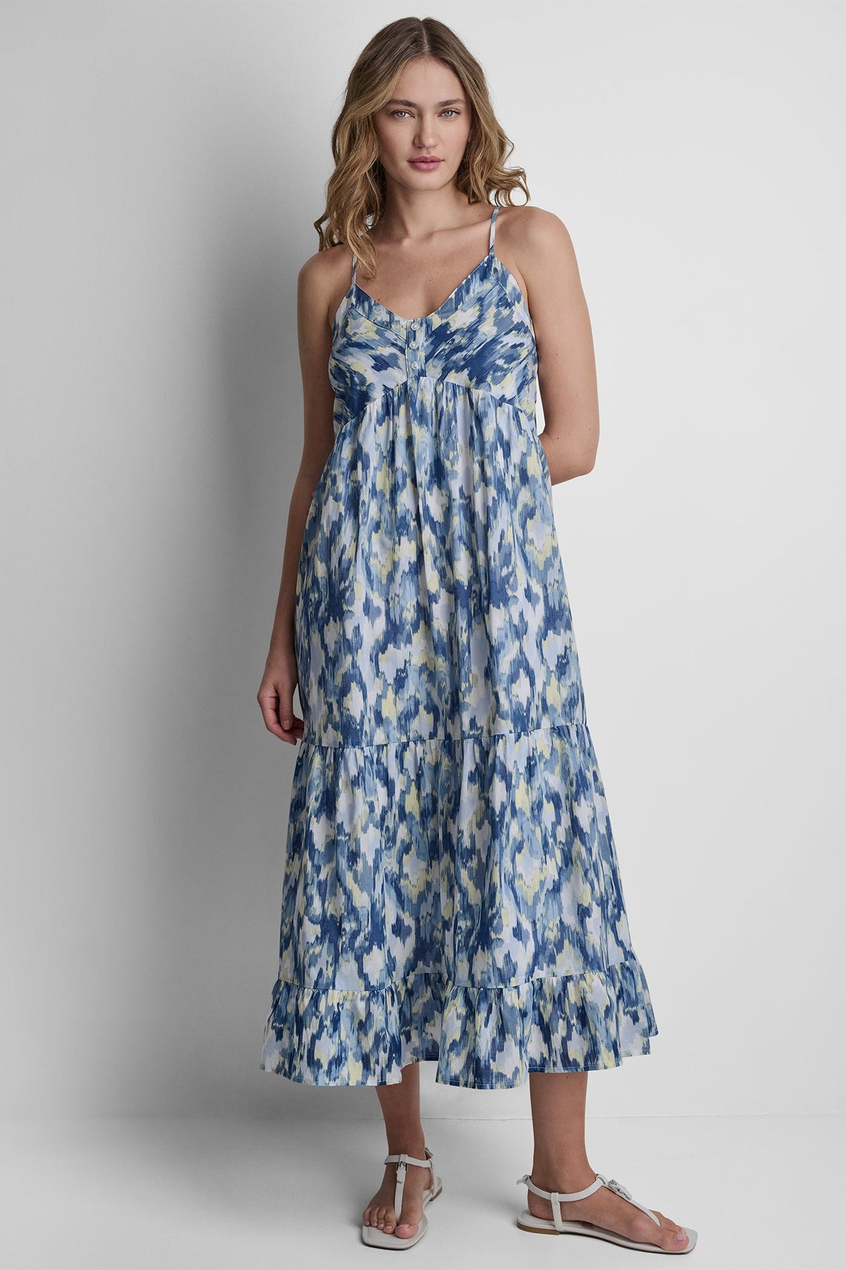 PRINTED TIERED MIDI TANK DRESS Ikat Blur Chambray | DKNY