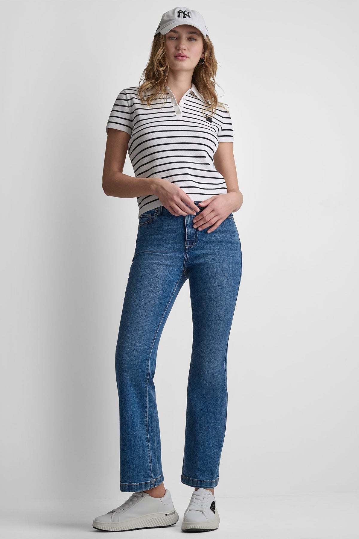 CROPPED STRIPED POLO SWEATER Travertine/Ivory | DKNY