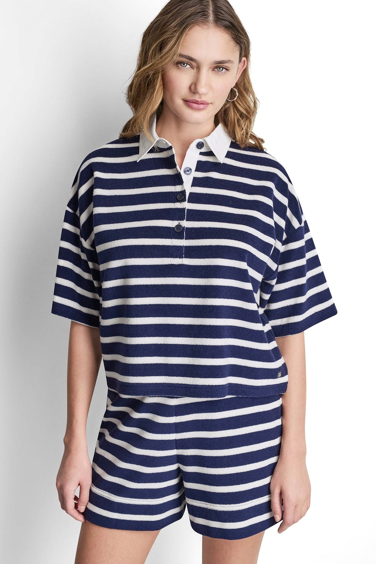 TOWELLING TERRY STRIPE BOXY POLO Travertine/Eggnog | DKNY