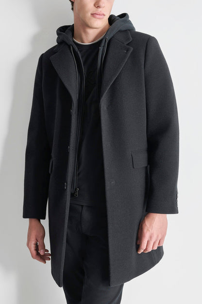 FAUX WOOL COAT WITH HOODED BIB CHARCOAL | DKNY