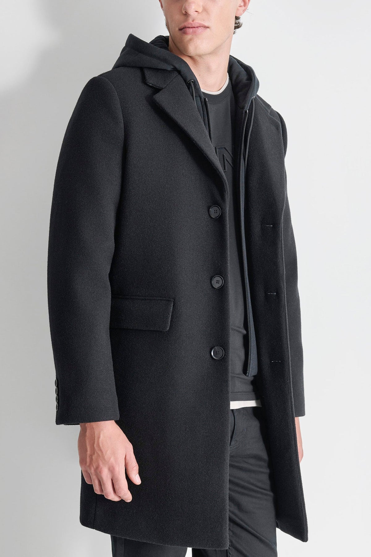 FAUX WOOL COAT WITH HOODED BIB Black | DKNY