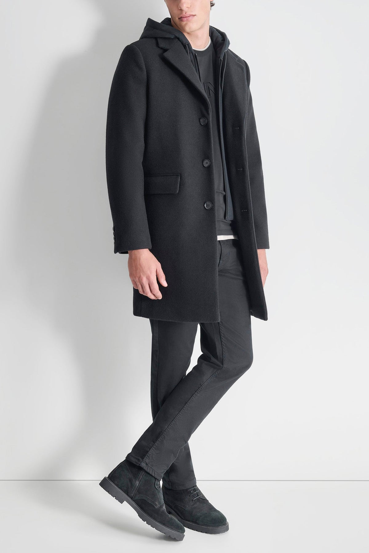 FAUX WOOL COAT WITH HOODED BIB Black | DKNY