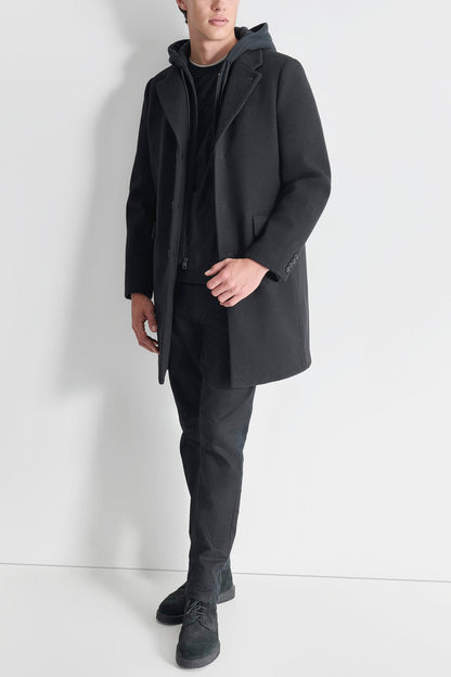 FAUX WOOL COAT WITH HOODED BIB Black | DKNY