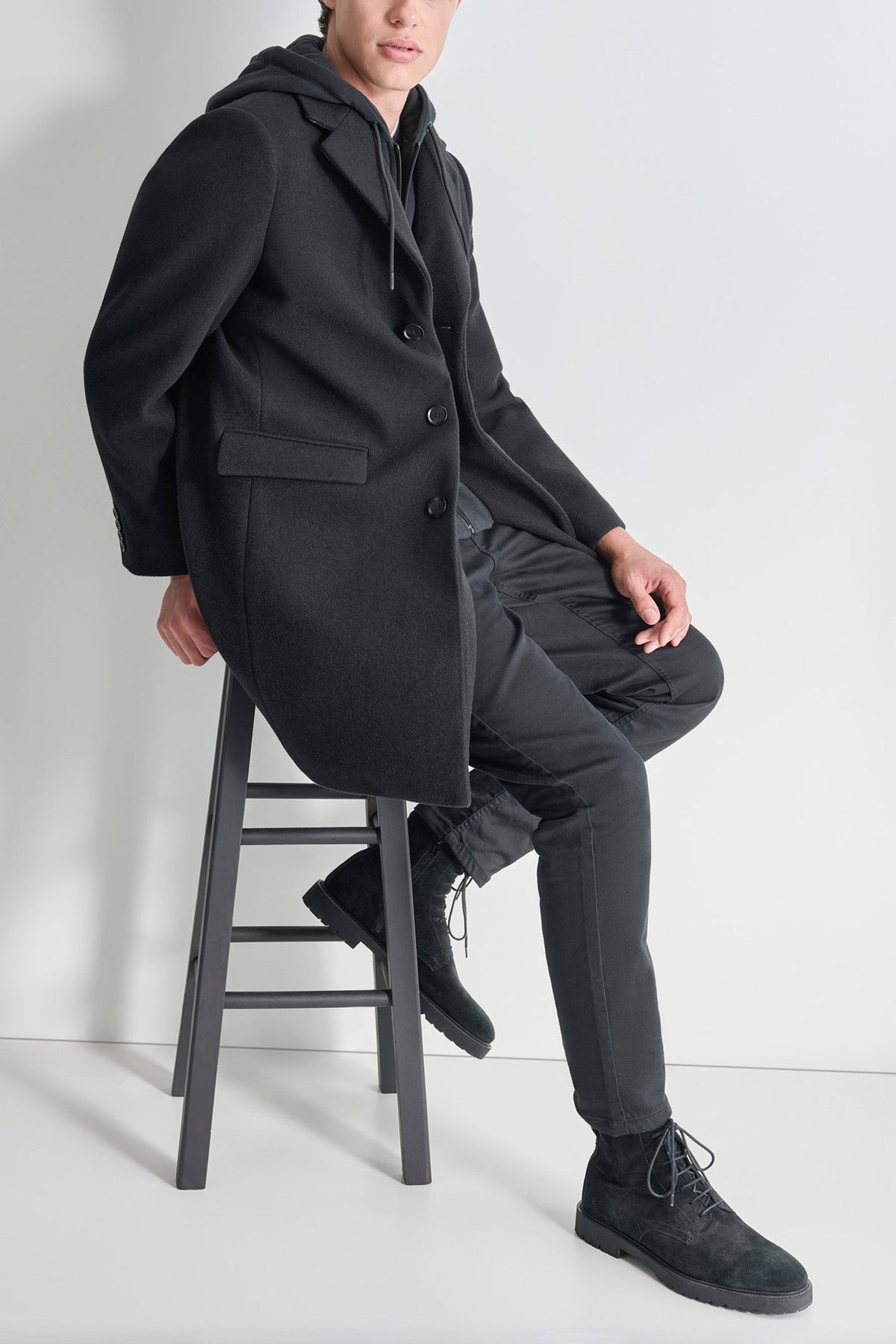 FAUX WOOL COAT WITH HOODED BIB Black | DKNY