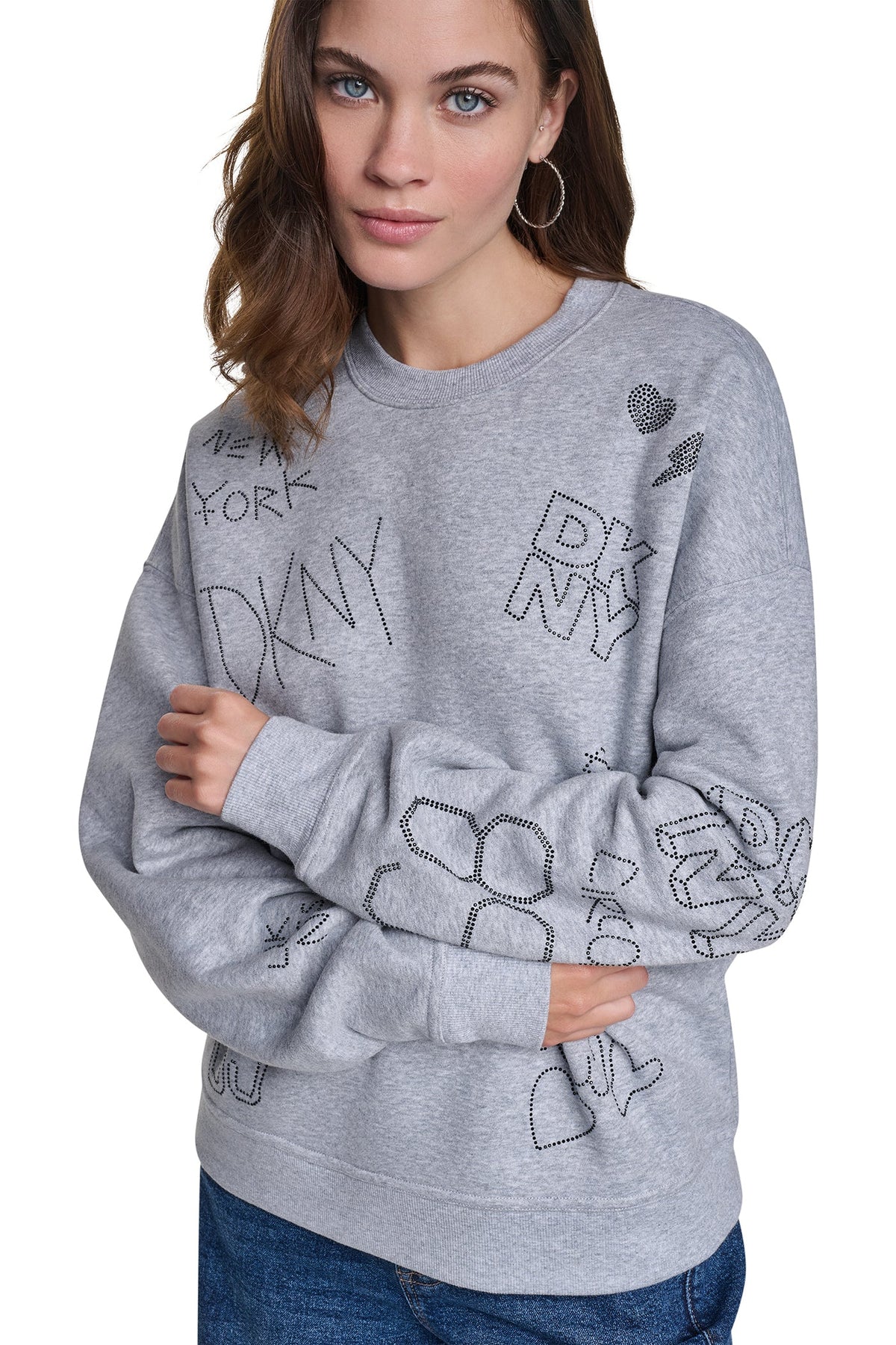 RHINESTONE GRAFFITI LOGO SWEATSHIRT Pearl Grey Heather/Black | DKNY