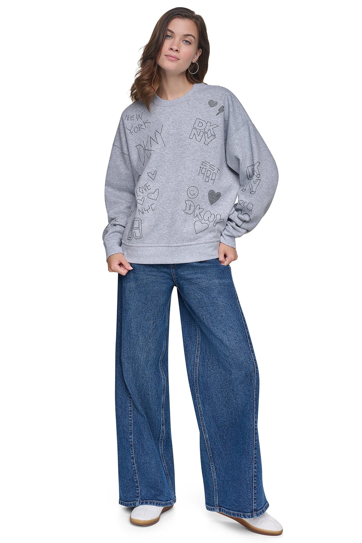 RHINESTONE GRAFFITI LOGO SWEATSHIRT Pearl Grey Heather/Black | DKNY