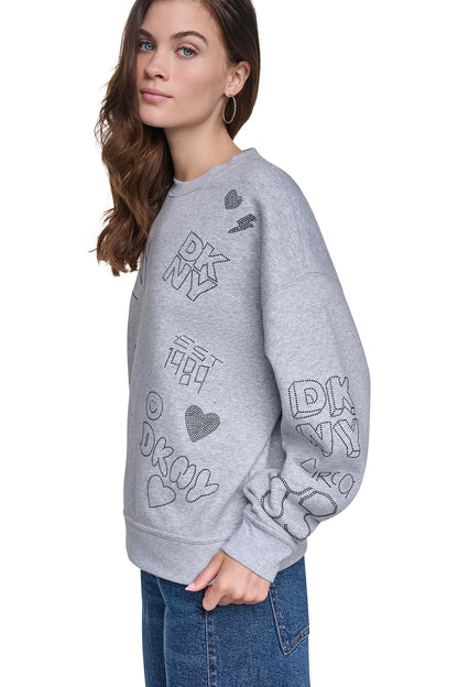 RHINESTONE GRAFFITI LOGO SWEATSHIRT Pearl Grey Heather/Black | DKNY