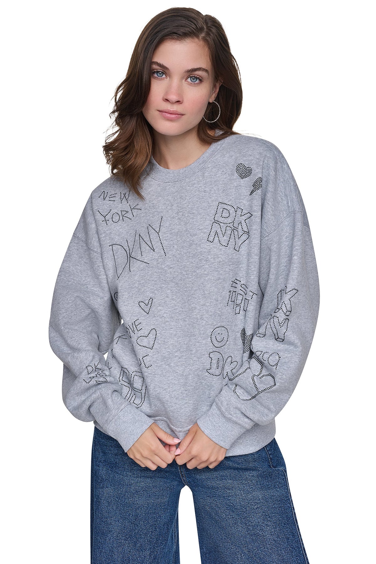 RHINESTONE GRAFFITI LOGO SWEATSHIRT Pearl Grey Heather/Black | DKNY