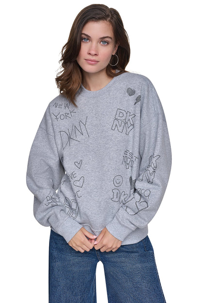 RHINESTONE GRAFFITI LOGO SWEATSHIRT Pearl Grey Heather/Black | DKNY