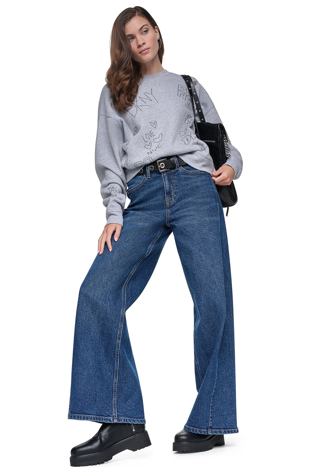 RHINESTONE GRAFFITI LOGO SWEATSHIRT Pearl Grey Heather/Black | DKNY