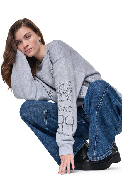 RHINESTONE GRAFFITI LOGO SWEATSHIRT Pearl Grey Heather/Black | DKNY