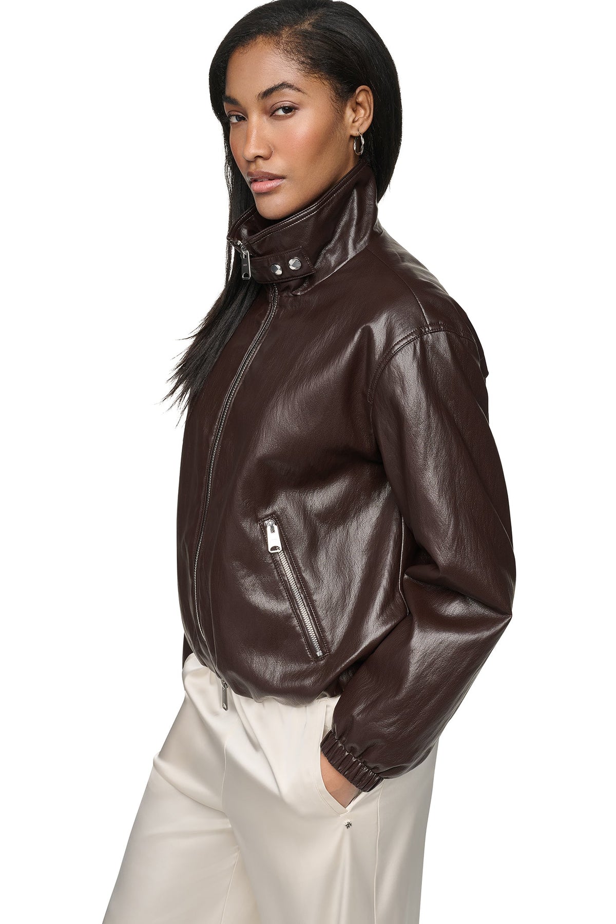 FAUX LEATHER BOMBER Dark Brown | DKNY