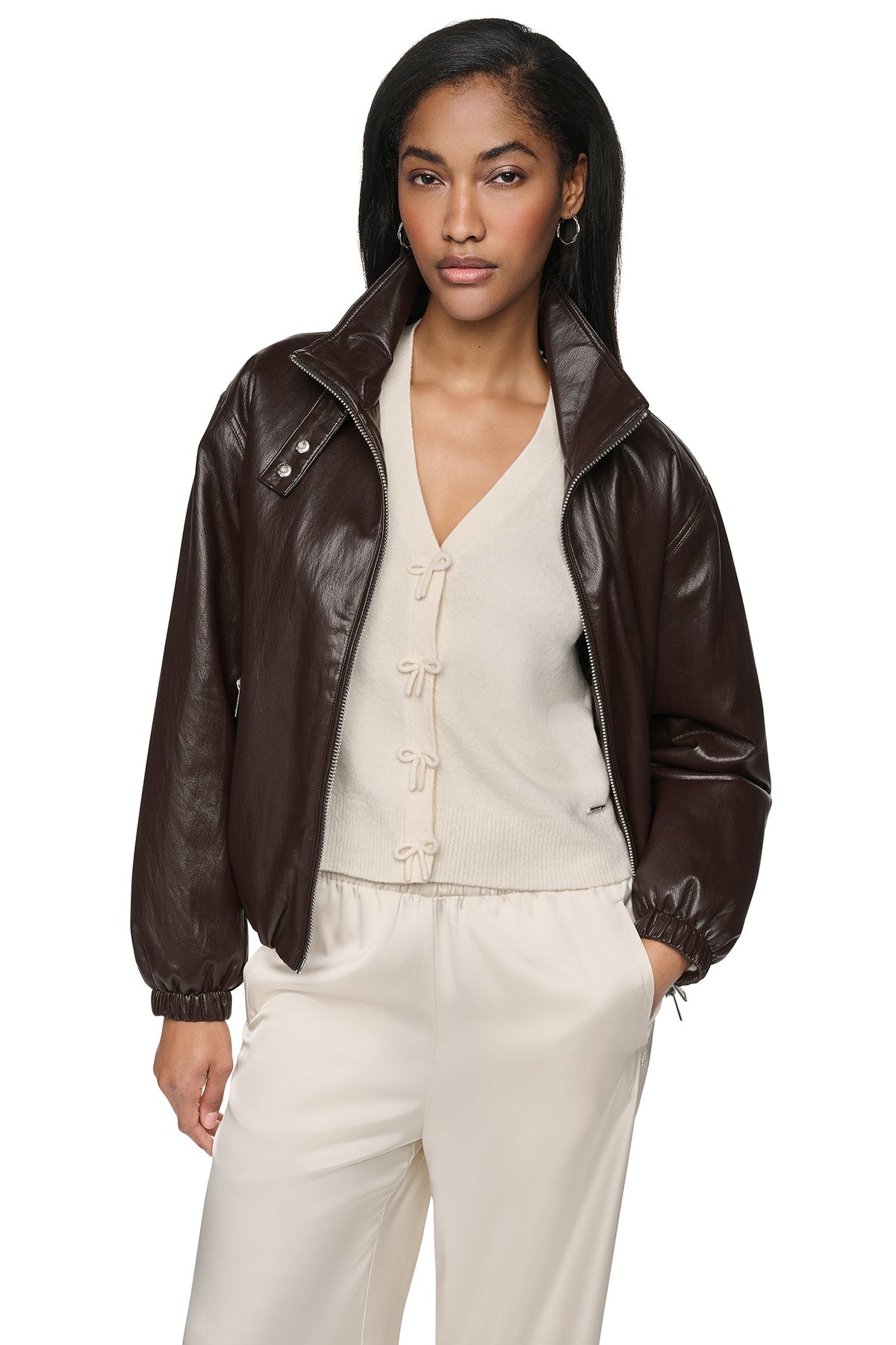 FAUX LEATHER BOMBER Dark Brown | DKNY