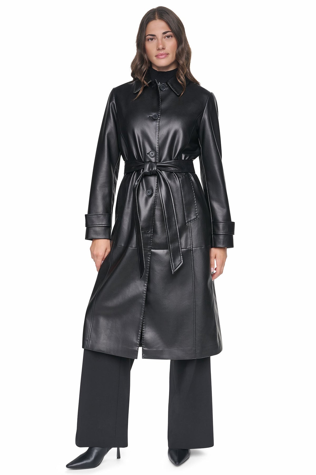 FAUX LEATHER BELTED LONG TRENCH Black | DKNY