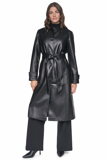 FAUX LEATHER BELTED LONG TRENCH Black | DKNY