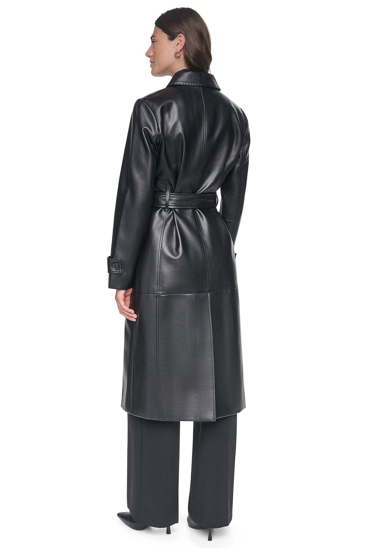 FAUX LEATHER BELTED LONG TRENCH Black | DKNY