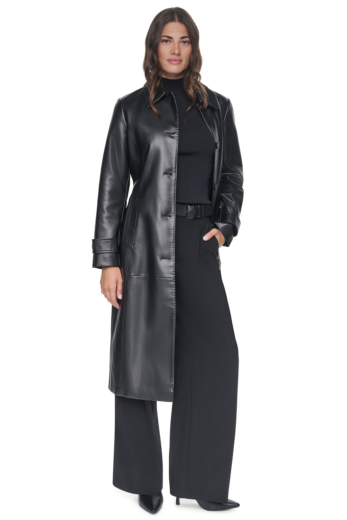 FAUX LEATHER BELTED LONG TRENCH Black | DKNY