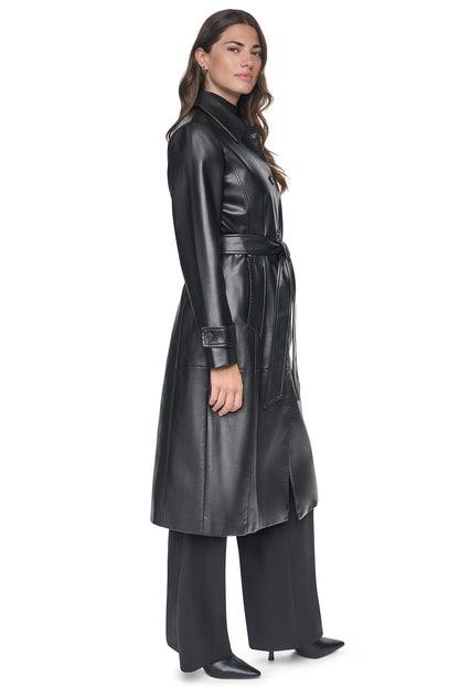 FAUX LEATHER BELTED LONG TRENCH Black | DKNY