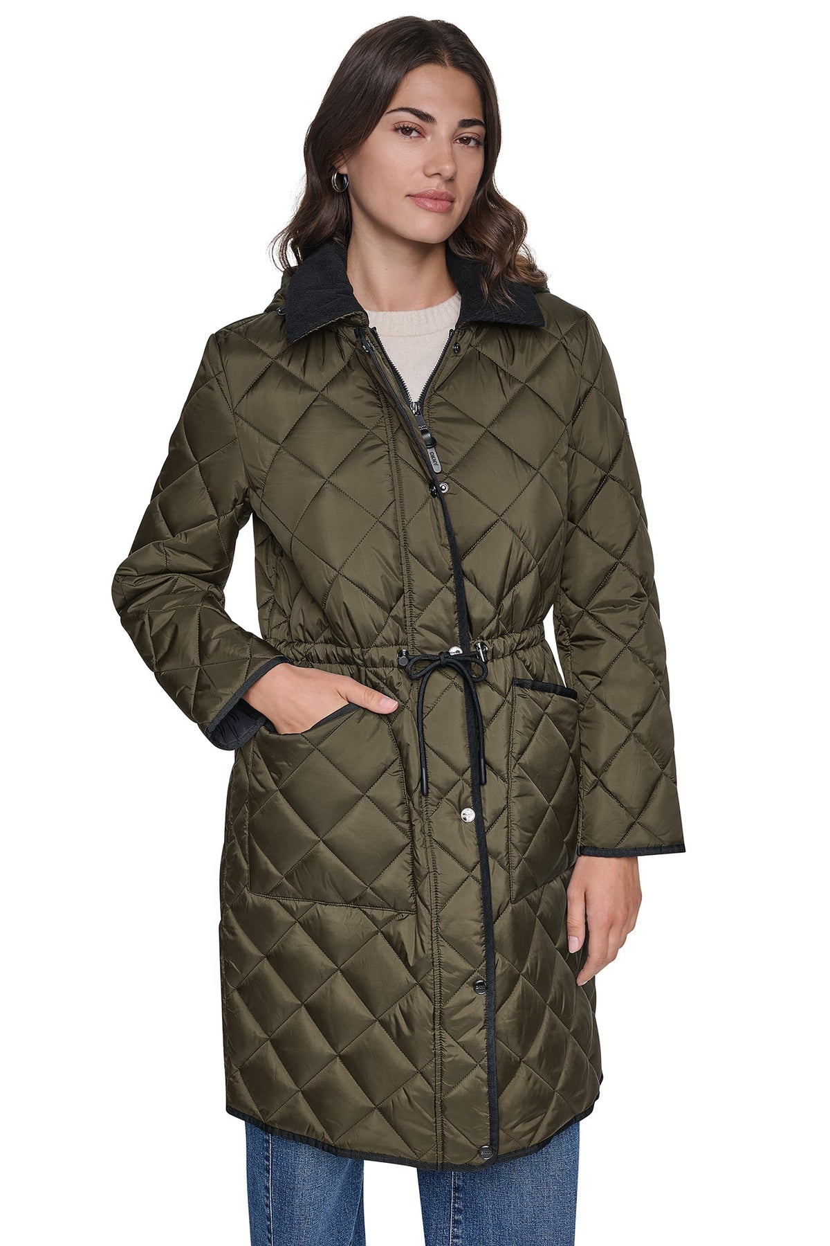CORDUROY COLLAR HOODED QUILTED COAT Loden | DKNY