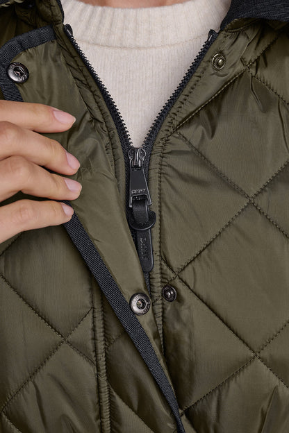 CORDUROY COLLAR HOODED QUILTED COAT Loden | DKNY