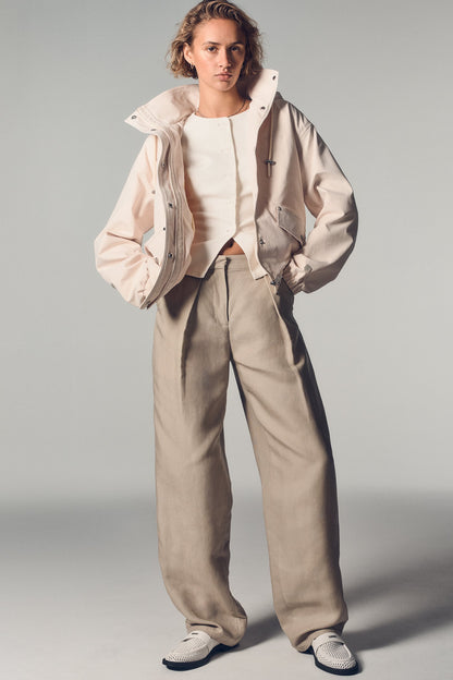 HIGH COLLAR BOMBER JACKET WITH HOOD Parchment | DKNY