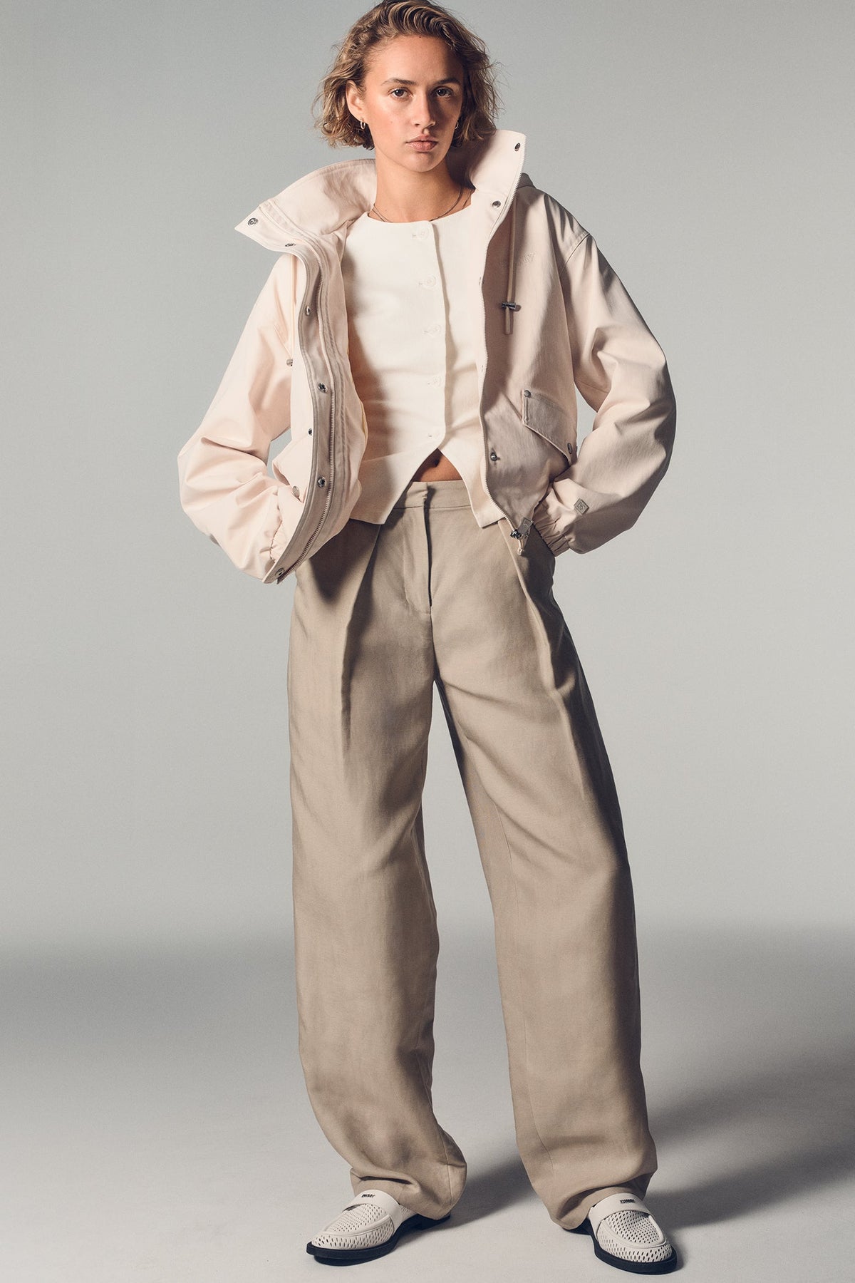 HIGH COLLAR BOMBER JACKET WITH HOOD Parchment | DKNY