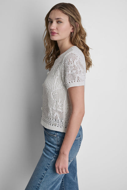 LACE STITCH BUTTON FRONT CARDIGAN Pastel Yellow | DKNY