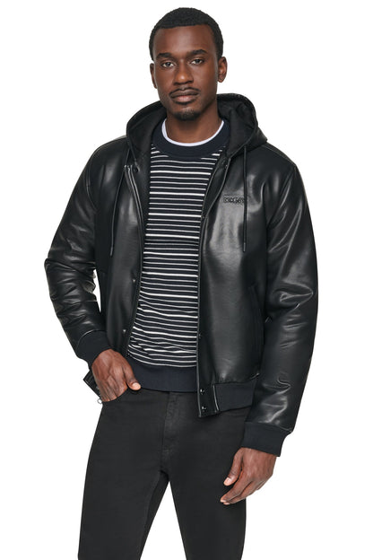 FAUX LEATHER HOODED BOMBER JACET Black | DKNY