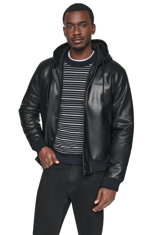 FAUX LEATHER HOODED BOMBER JACET Black | DKNY