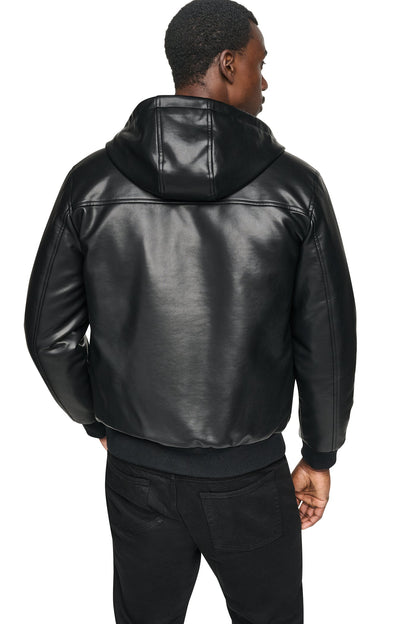 FAUX LEATHER HOODED BOMBER JACET Black | DKNY