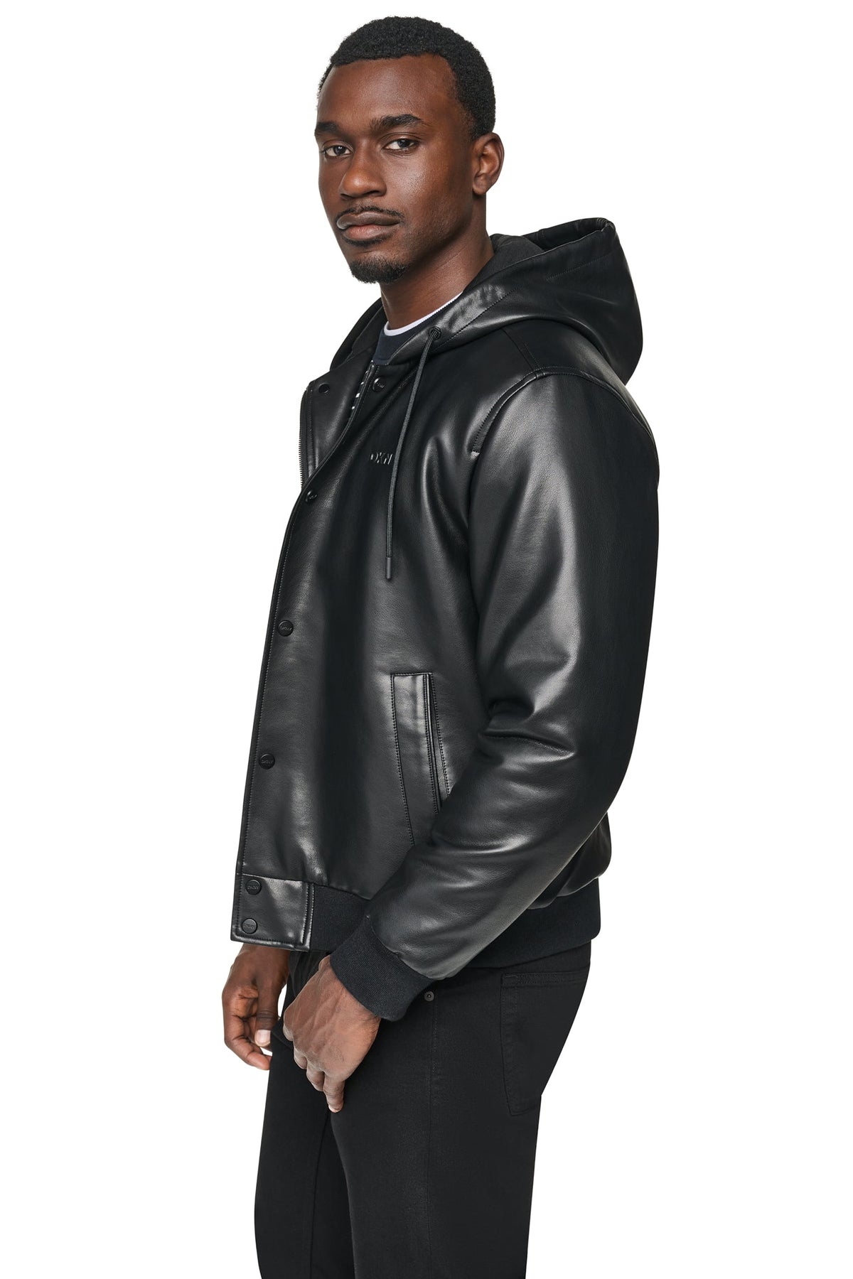 FAUX LEATHER HOODED BOMBER JACET Black | DKNY